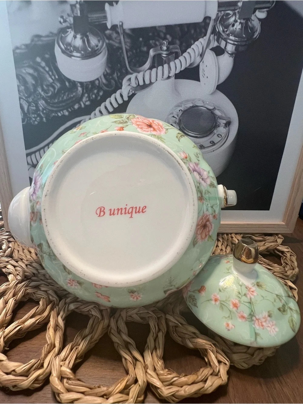 Vintage Floral Porcelain Teapot - Mint Green with Pink Flowers